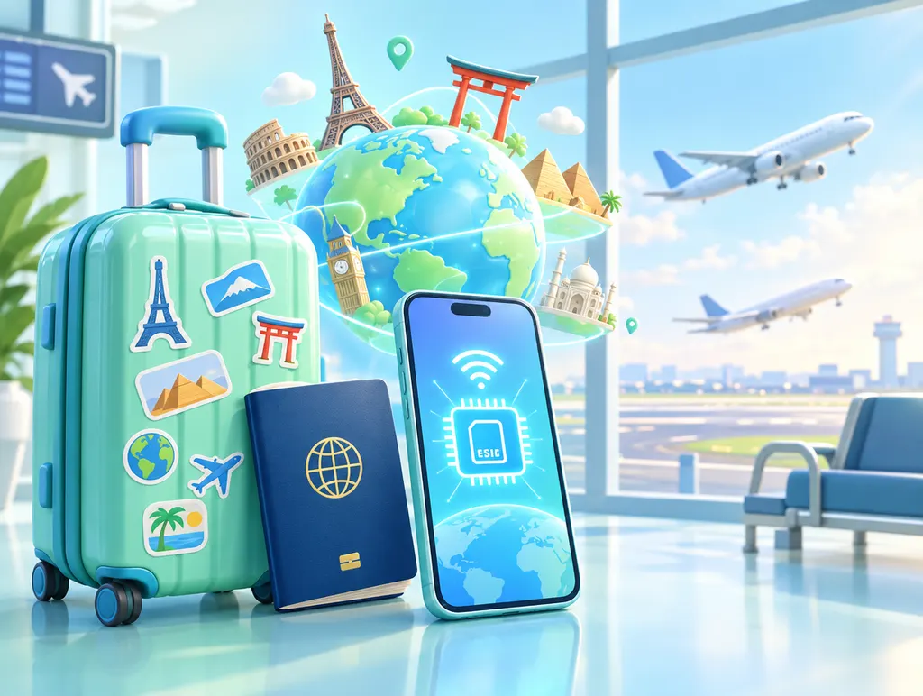 A suitcase, passport and eSIM phone at an airport gate with world landmarks