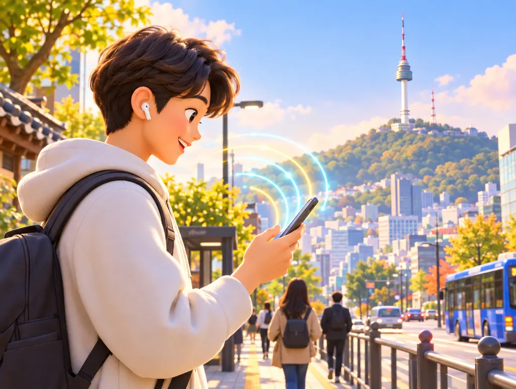 A person using a phone on a Seoul street with N Seoul Tower behind