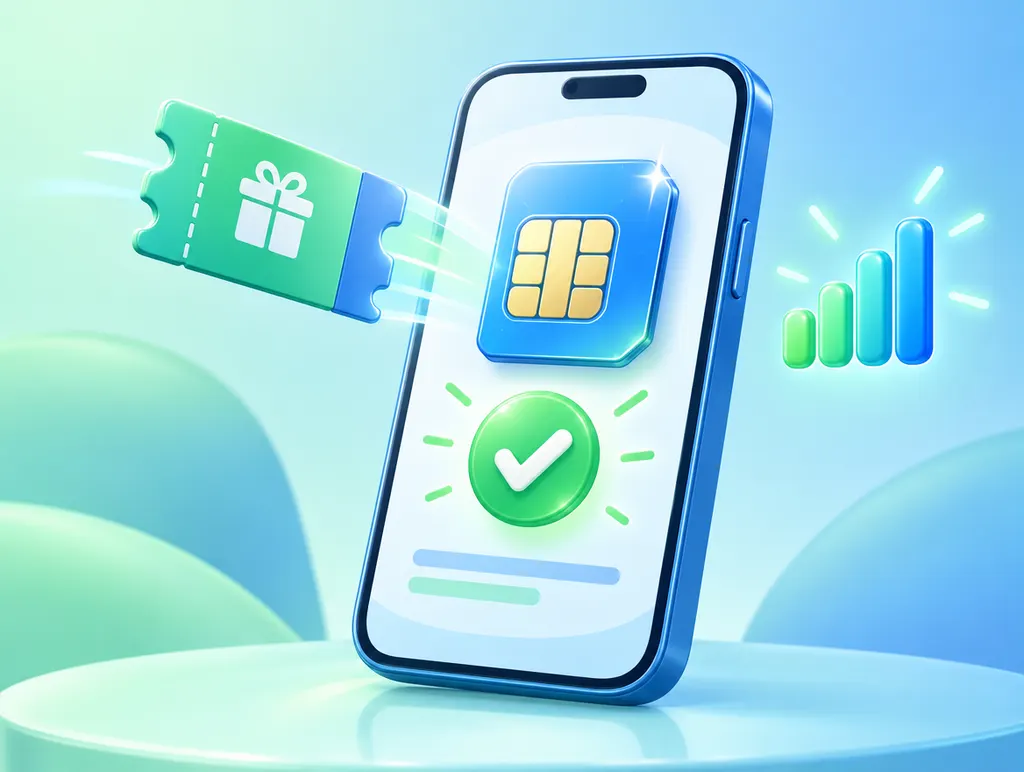 A coupon flying into a phone with an eSIM chip and a check mark