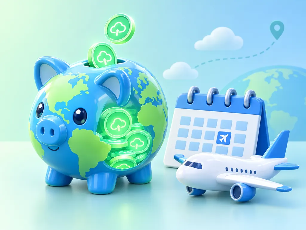 A globe piggy bank full of data coins, a calendar and a plane
